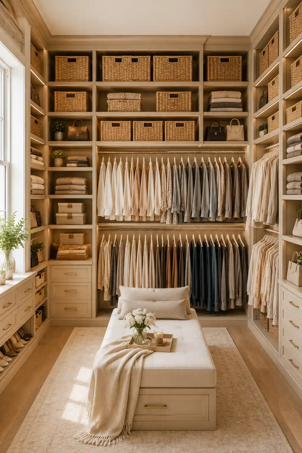 Small closet organization ideas using matching woven storage baskets to organize blankets, handbags, folded clothing, accessories, towels, and seasonal items inside a luxury custom closet. Beautiful built in shelving, coordinated storage bins, hanging clothes, and designer organization solutions create a spacious and clutter free closet.