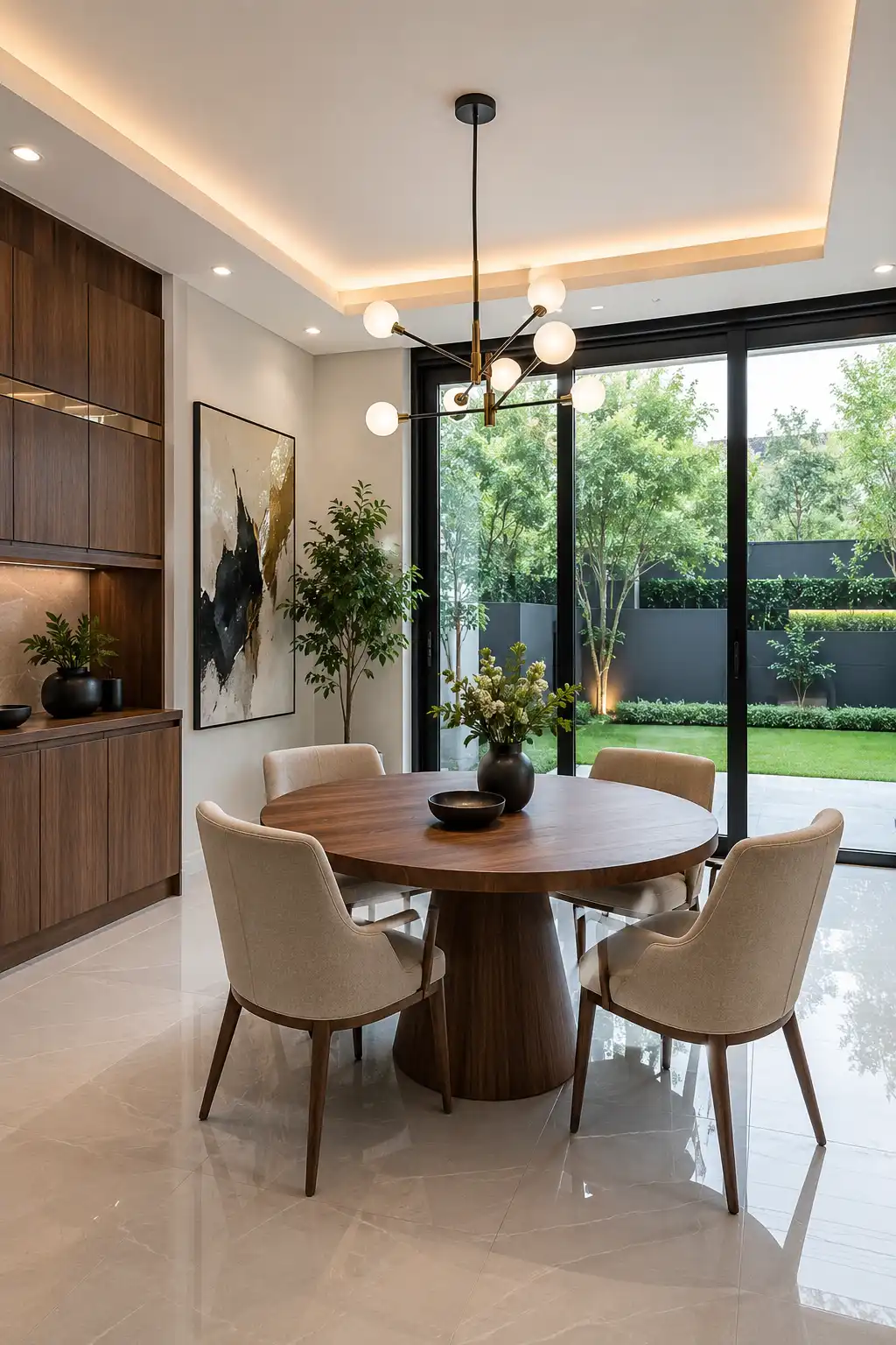 Modern small dining room with a round walnut pedestal dining table, four upholstered dining chairs, contemporary globe chandelier, built in cabinetry, large sliding glass doors, indoor plants, polished porcelain flooring, and luxury home décor for compact spaces.
