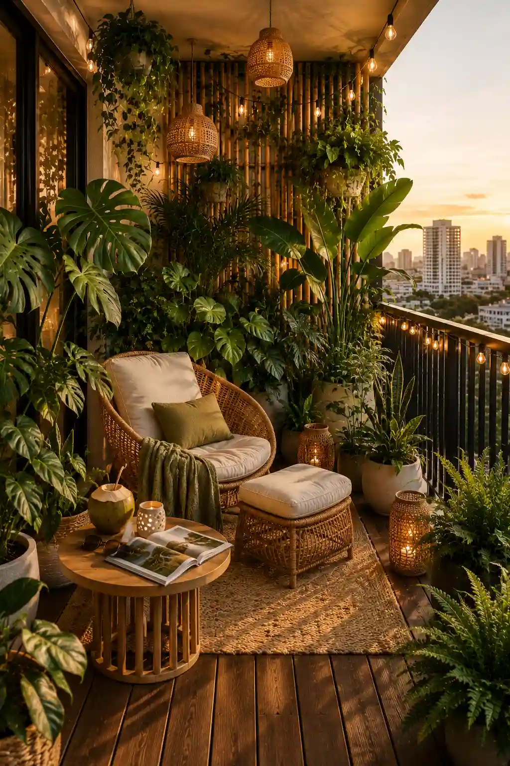 Lush tropical small apartment balcony filled with Monstera, Bird of Paradise, Kentia palms, Philodendrons, woven outdoor furniture, bamboo privacy screen, natural teak decking, warm lantern lighting, and luxury greenery creating a private tropical outdoor oasis.