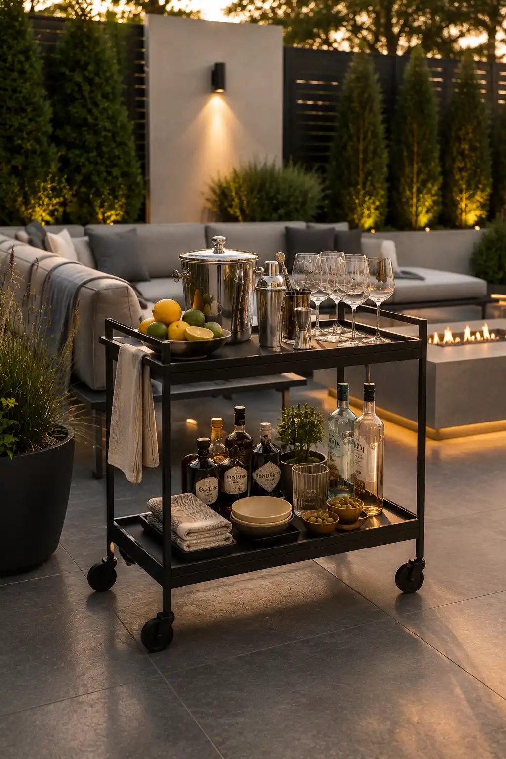 Modern black outdoor bar cart styled with elegant glassware, serving accessories, citrus fruit, decorative trays, luxury patio seating, architectural landscaping, charcoal porcelain flooring, and stylish outdoor entertaining ideas for modern small patios.