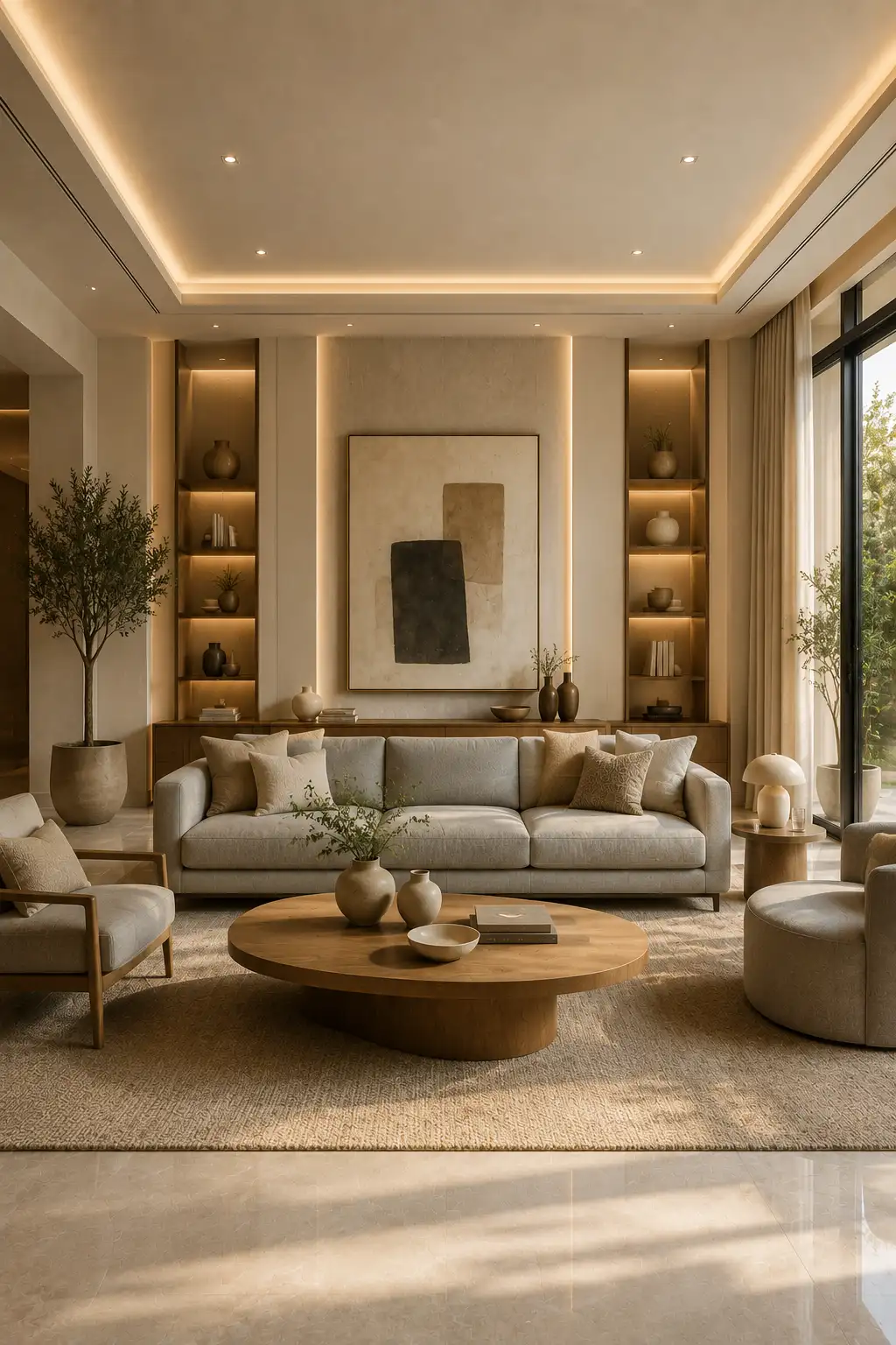 Warm neutral grey couch living room featuring a soft grey sofa, oversized round oak coffee table, custom built shelving, abstract wall art, warm LED lighting, textured neutral rug, ceramic décor, indoor olive tree, floor to ceiling windows, contemporary natural wood finishes, and a cozy designer inspired family living room.