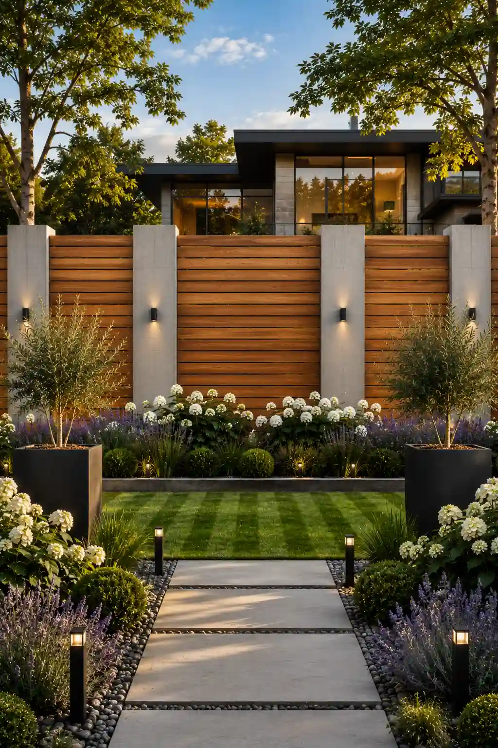 Luxury concrete and cedar wood garden fence with smooth architectural concrete columns, warm horizontal timber panels, white hydrangeas, lavender borders, olive trees in black planters, striped green lawn, modern concrete pathway, elegant outdoor lighting, contemporary backyard landscaping, premium privacy fence ideas, luxury garden design inspiration.