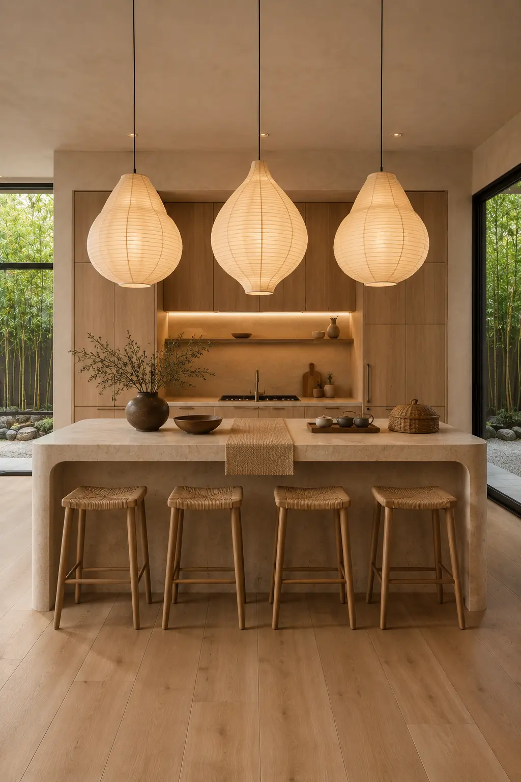 Japandi style kitchen with oversized paper lantern pendant lights above a curved stone waterfall kitchen island, light oak cabinets, woven wood stools, bamboo garden views, handcrafted pottery, warm ambient lighting, minimalist natural kitchen design, modern Japandi kitchen ideas, sculptural paper pendant lighting, luxury home inspiration