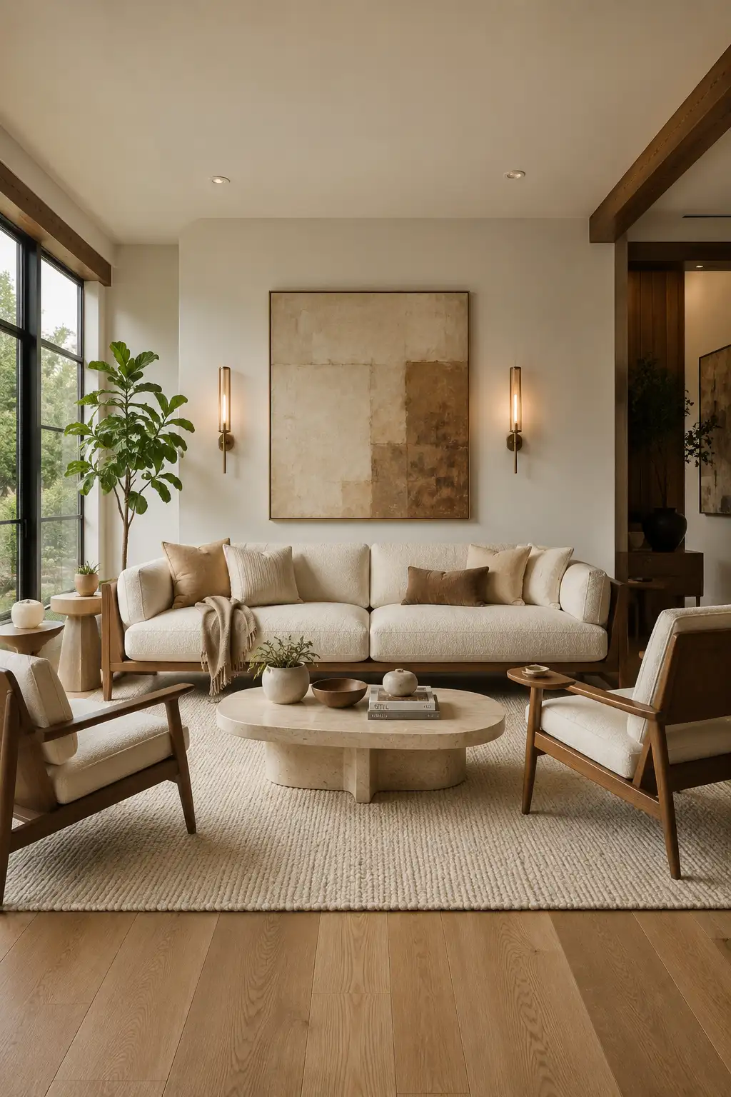 Symmetrical mid century modern living room featuring matching walnut lounge chairs, cream sofa, round travertine coffee table, oversized abstract wall art, wall sconces, textured neutral rug, warm wood flooring, balanced furniture layout, timeless contemporary living room design.