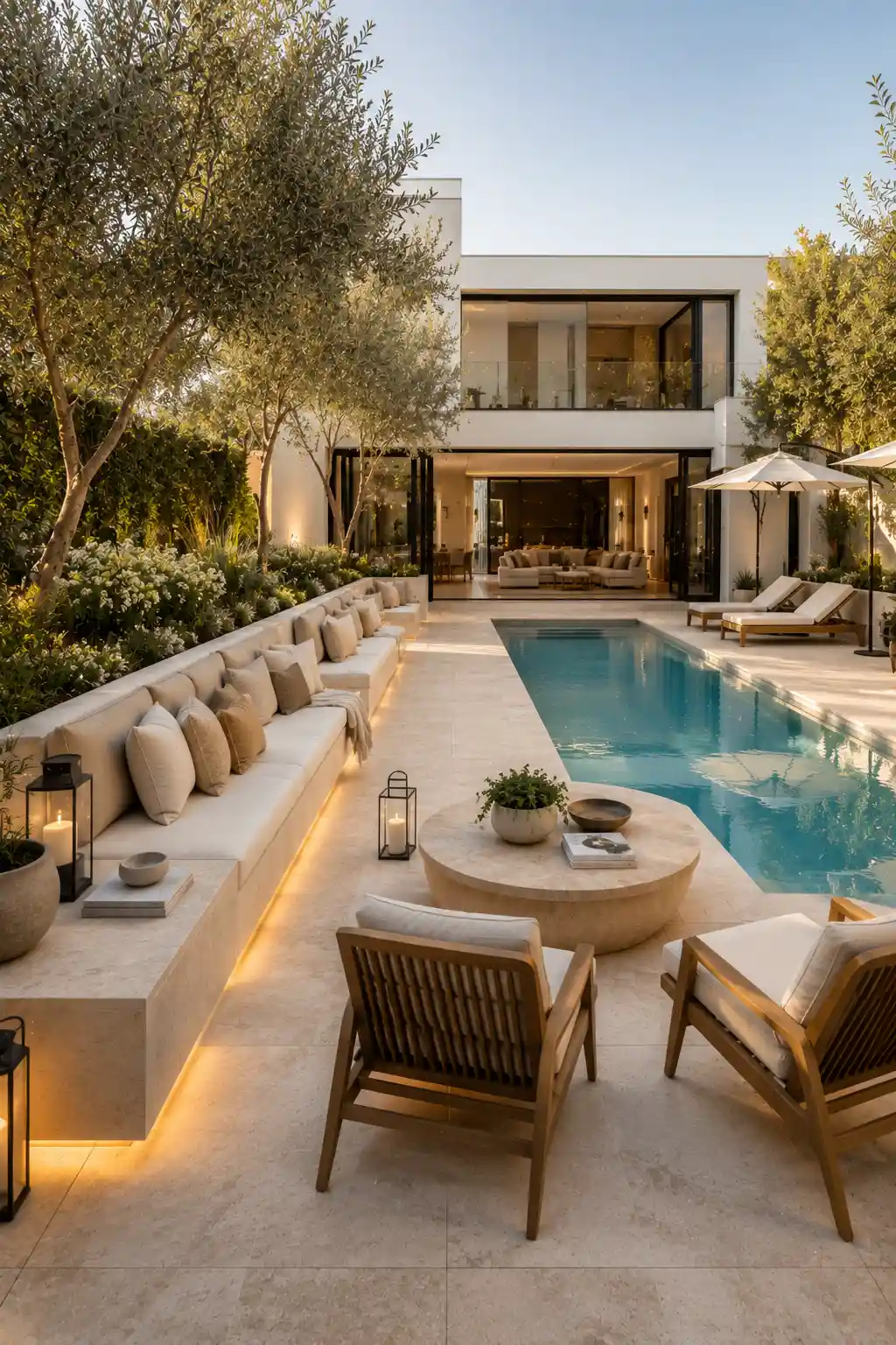 Luxury poolside built in limestone seating with warm LED lighting, plush neutral cushions, teak lounge chairs, round natural stone coffee table, elegant swimming pool, contemporary modern home, olive trees, landscaped backyard, premium outdoor lounge area, resort style entertaining space, sophisticated luxury backyard pool design.