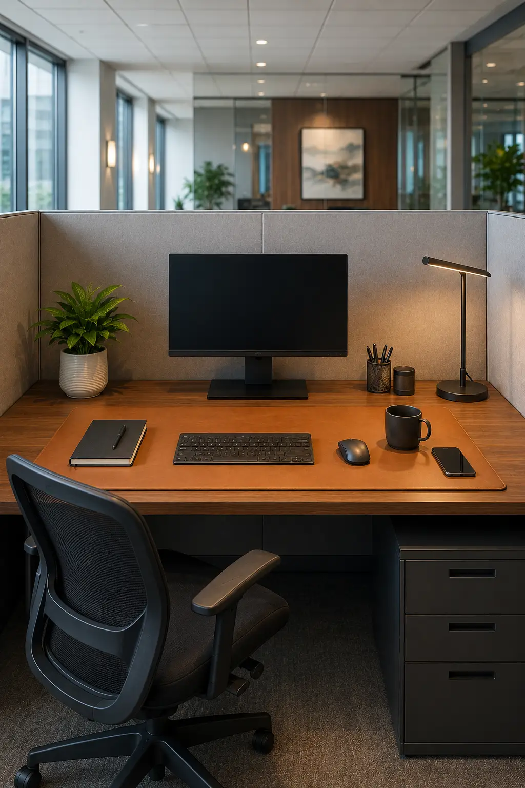 Minimal desk setup featuring beautiful cubicle decor ideas with a leather desk mat, modern office lamp, coffee mug, indoor plant, wooden office desk, clean workspace organization, ergonomic office chair, minimalist office accessories, and stylish workstation inspiration.