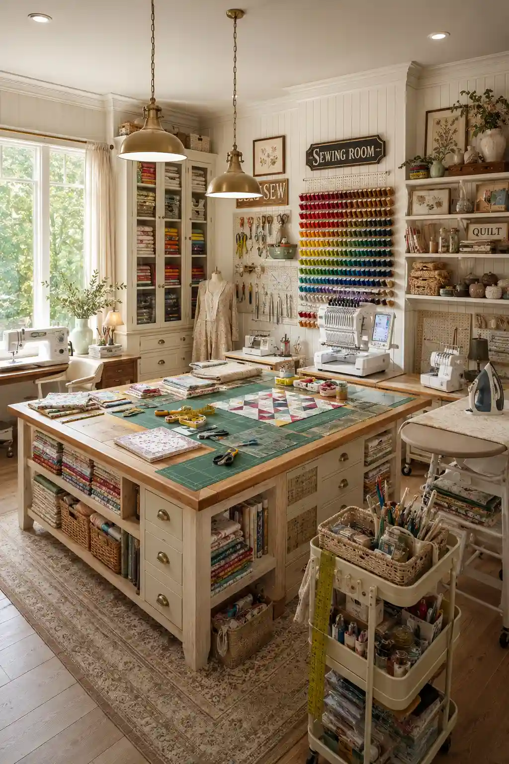 Luxury sewing room featuring spacious cutting island, wall mounted thread storage, organized fabric shelves, sewing machine workstation, quilting supplies, built in cabinets, pegboard organization, natural wood finishes, oversized windows, bright task lighting, premium sewing studio, stylish hobby room ideas, organized quilting room inspiration, elegant craft workspace.