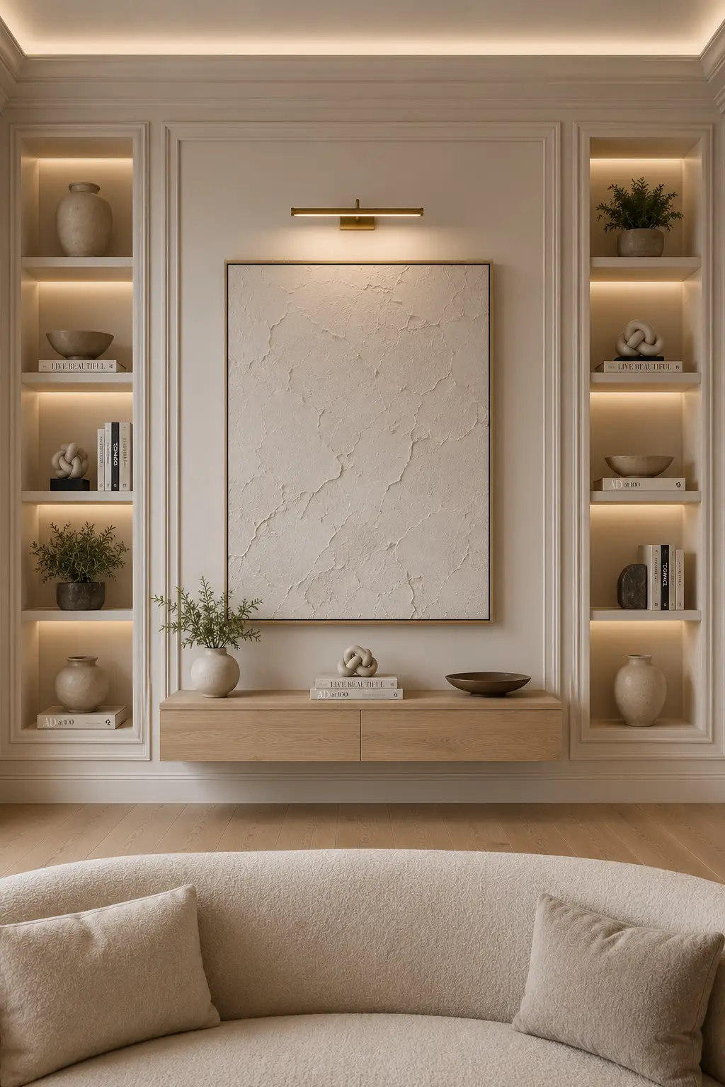 Luxury living room featuring custom wall molding with built in display shelves, warm LED shelf lighting, floating oak console, oversized textured artwork, decorative ceramics, books, greenery, and elegant built in feature wall inspiration.