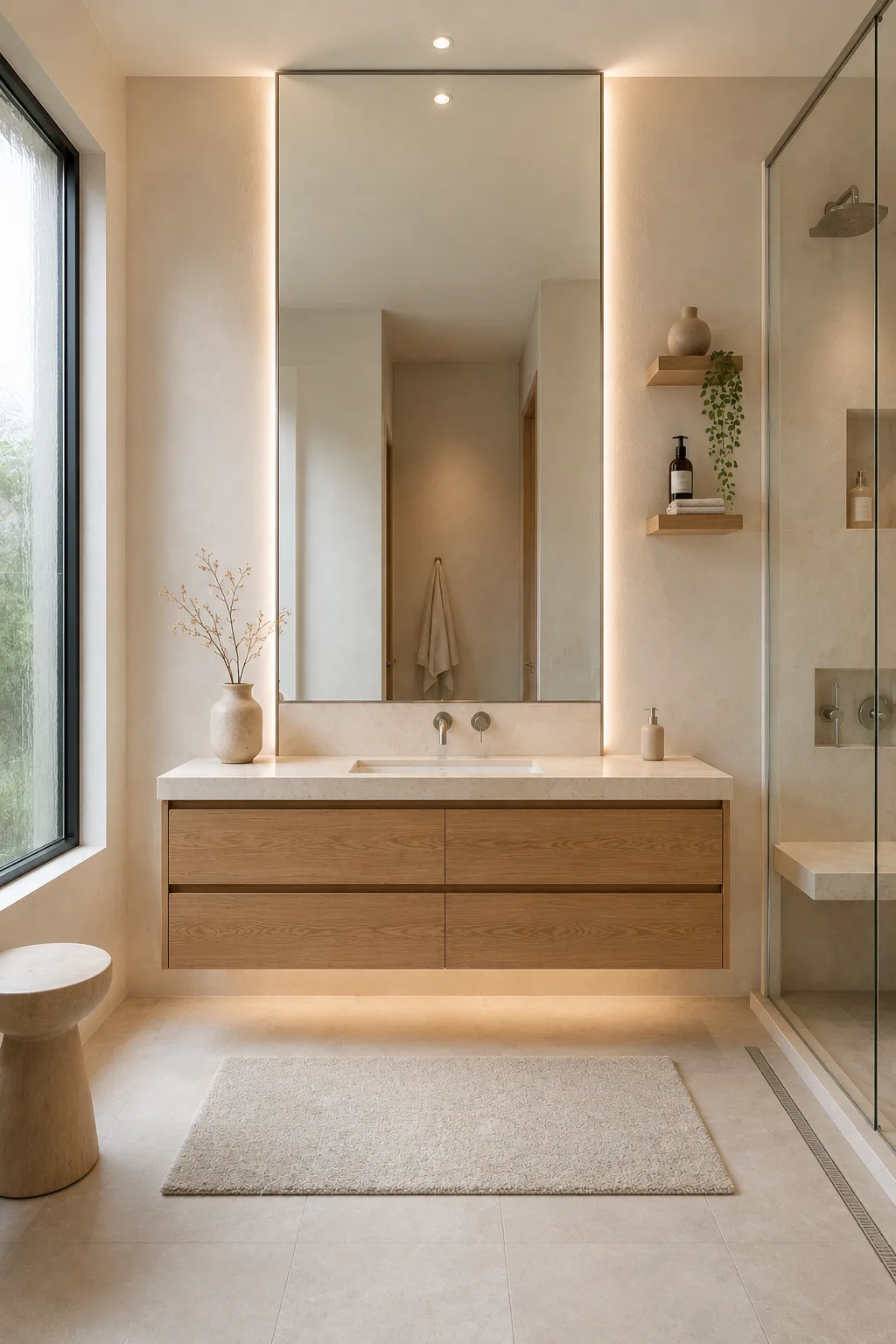 Modern light oak floating bathroom vanity with a pale stone countertop, integrated sink, tall floor to ceiling backlit mirror, warm neutral walls, minimal floating shelves, glass shower enclosure, and bright luxury bathroom decor.