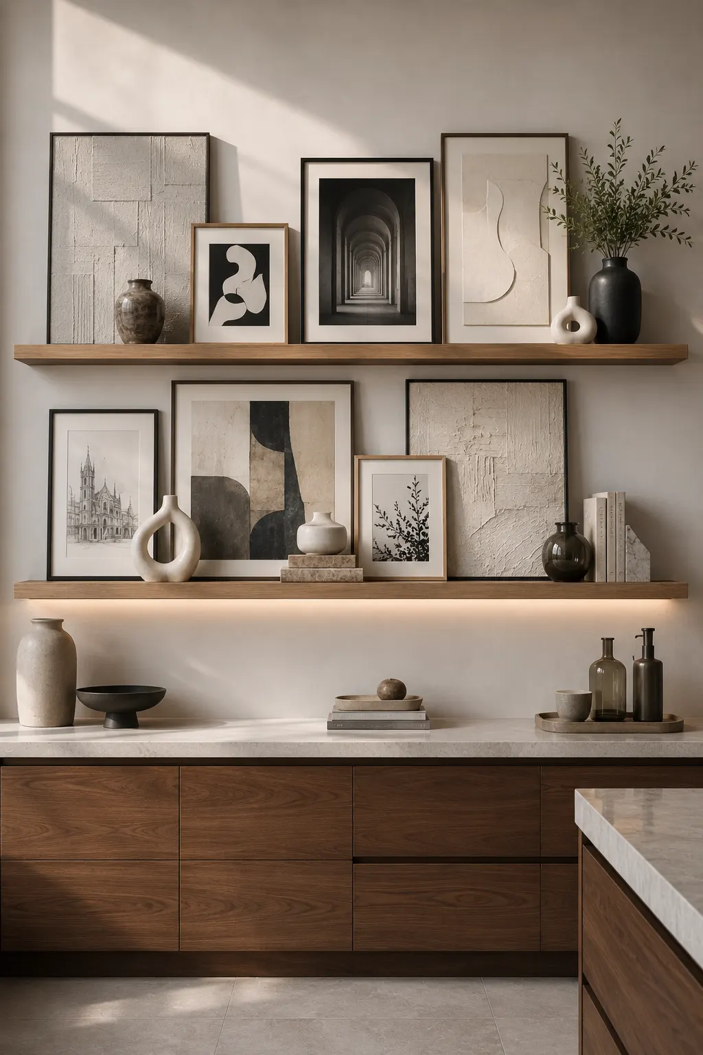Floating wooden picture ledges styled with layered framed artwork, abstract prints, ceramic vases, books, greenery, and decorative objects creating a modern luxury kitchen gallery wall display.
