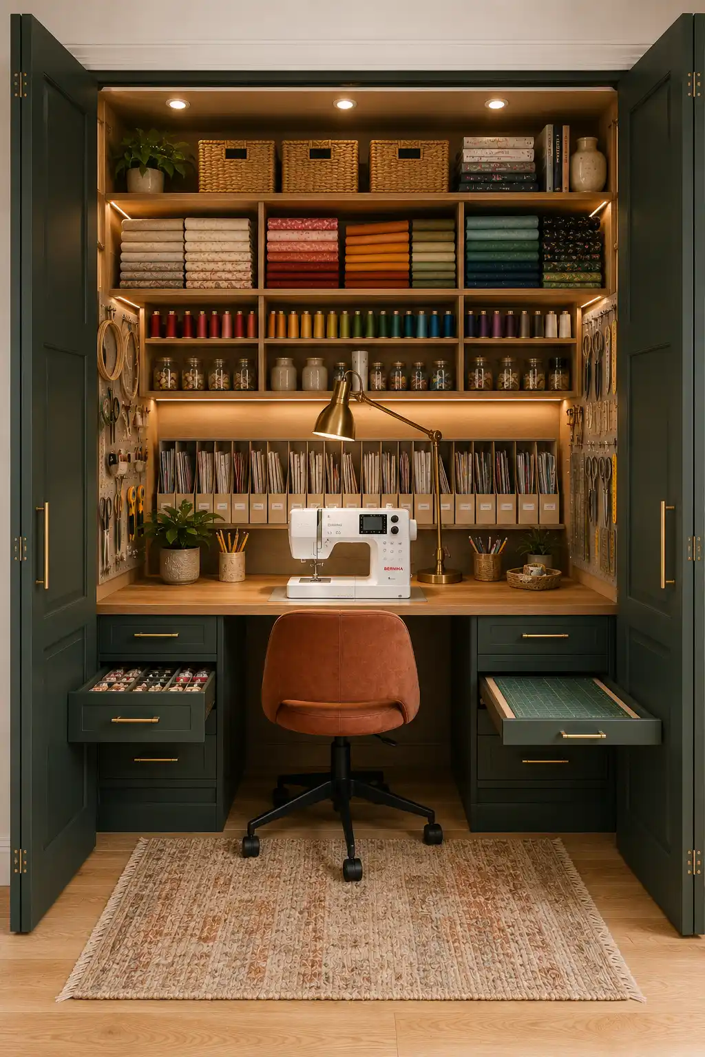 Luxury small sewing room created inside a storage closet with custom shelving, built in sewing desk, organized thread racks, fabric storage, pegboard organizers, warm lighting, and beautiful closet craft room ideas for compact homes.