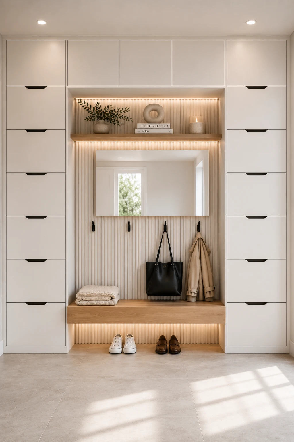 Bright IKEA mudroom with symmetrical floor to ceiling shoe cabinets, floating bench, oversized wall mirror, concealed storage, vertical fluted wall panels, soft LED lighting, and elegant modern entryway organization.