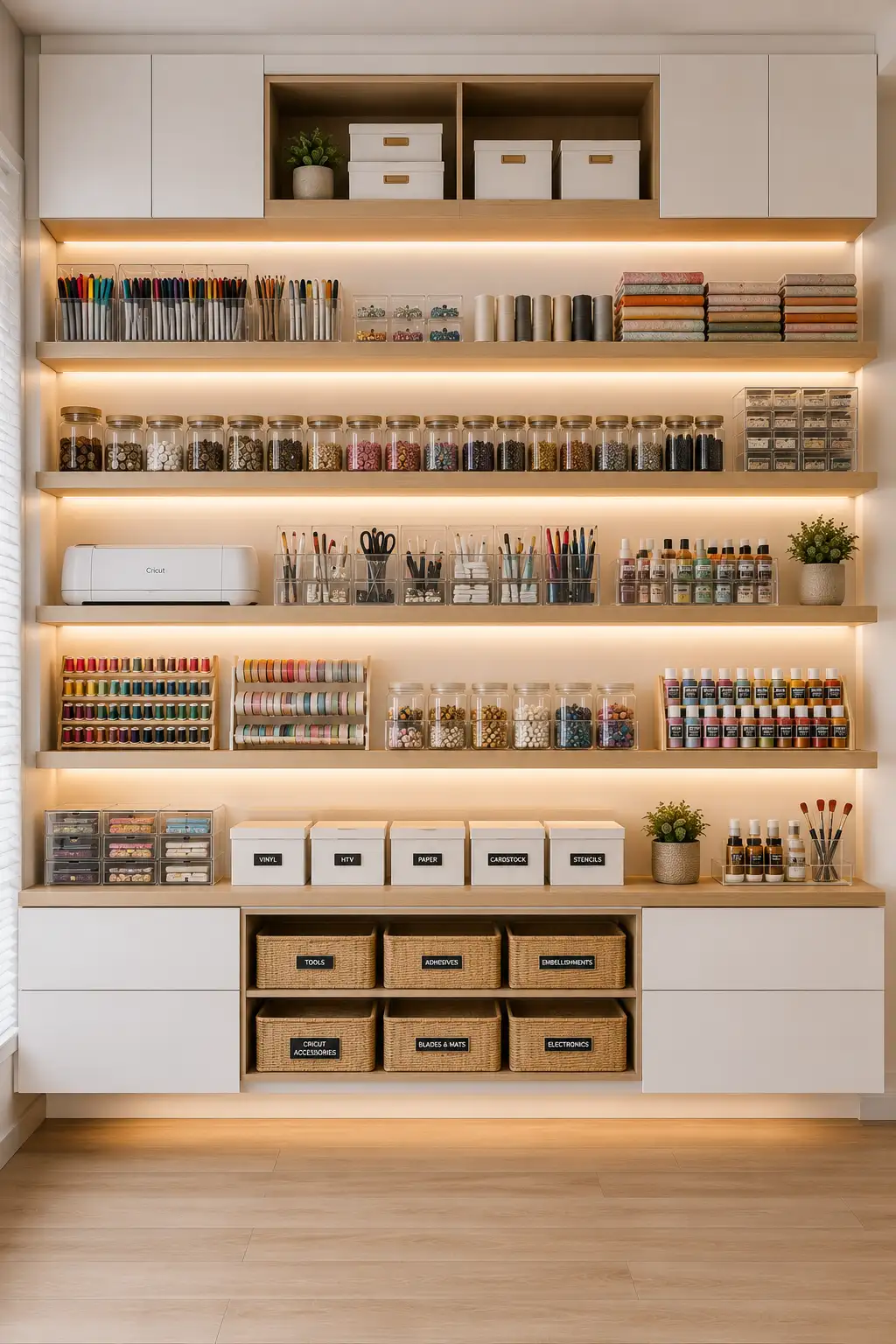 Modern craft room featuring floating open shelves, closed cabinets, labeled storage boxes, clear acrylic organizers, jars, paint bottles, Cricut machine, baskets, LED lighting, and balanced craft room storage ideas that combine open display with hidden storage for a clean contemporary workspace.