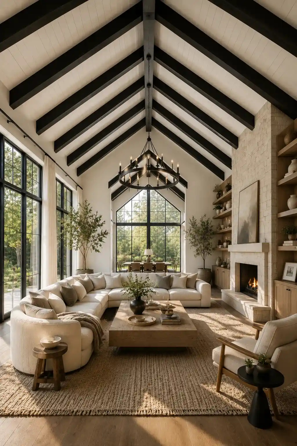 Modern farmhouse living room featuring bold black exposed ceiling beams on a white slanted ceiling, oversized black framed windows, stone fireplace, luxury sectional sofa, natural wood furniture, elegant vaulted ceiling architecture, contemporary rustic interior, dramatic beam ceiling inspiration with warm neutral decor and abundant natural light.