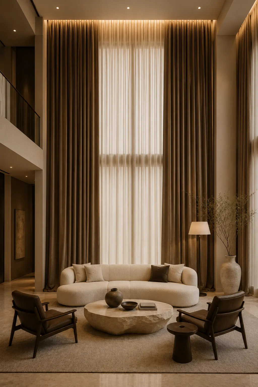 Sophisticated double height living room featuring dramatic floor to ceiling luxury curtains with layered ivory sheers and rich taupe drapes, a curved cream sofa, dark wood lounge chairs, natural stone coffee table, tall floor lamp, and oversized decorative vase with branches.