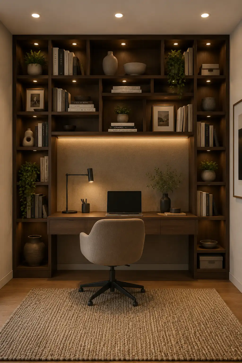 Modern built in bookshelf with an integrated home office workspace, rich dark wood shelving, warm accent lighting, styled books, framed artwork, ceramic decor, green plants, a minimal desk setup, laptop, task lamp, and upholstered office chair.
