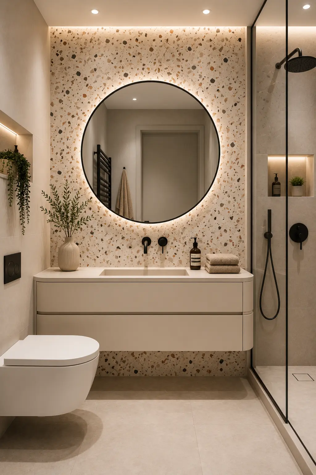 Modern small bathroom with a neutral terrazzo accent wall, large round LED backlit mirror, curved cream floating vanity, integrated rectangular sink, matte black wall mounted fixtures, frameless glass shower, illuminated niche, wall hung toilet, greenery, and warm ambient lighting.
