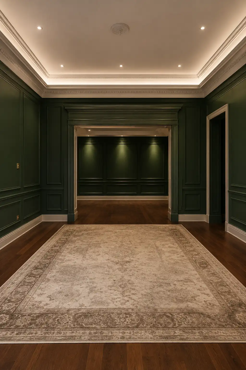 Empty luxury living room with deep forest green painted walls, elegant classic panel molding, ornate white ceiling trim, warm recessed lighting, dark hardwood flooring, and a large vintage inspired neutral patterned rug.