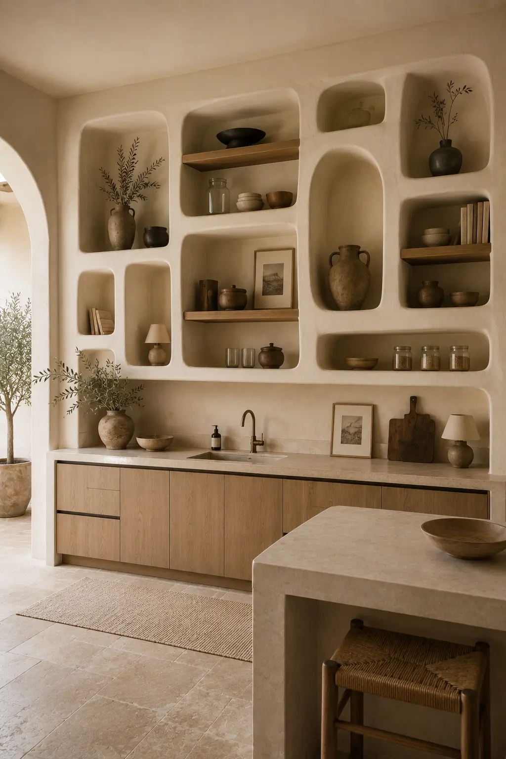 Mediterranean inspired modern kitchen featuring sculptural plaster wall niches in rounded rectangular and arched shapes, warm wood shelf inserts, earthy pottery, glass jars, books, framed artwork, decorative lamps, natural branches, oak cabinetry, and soft limestone surfaces.