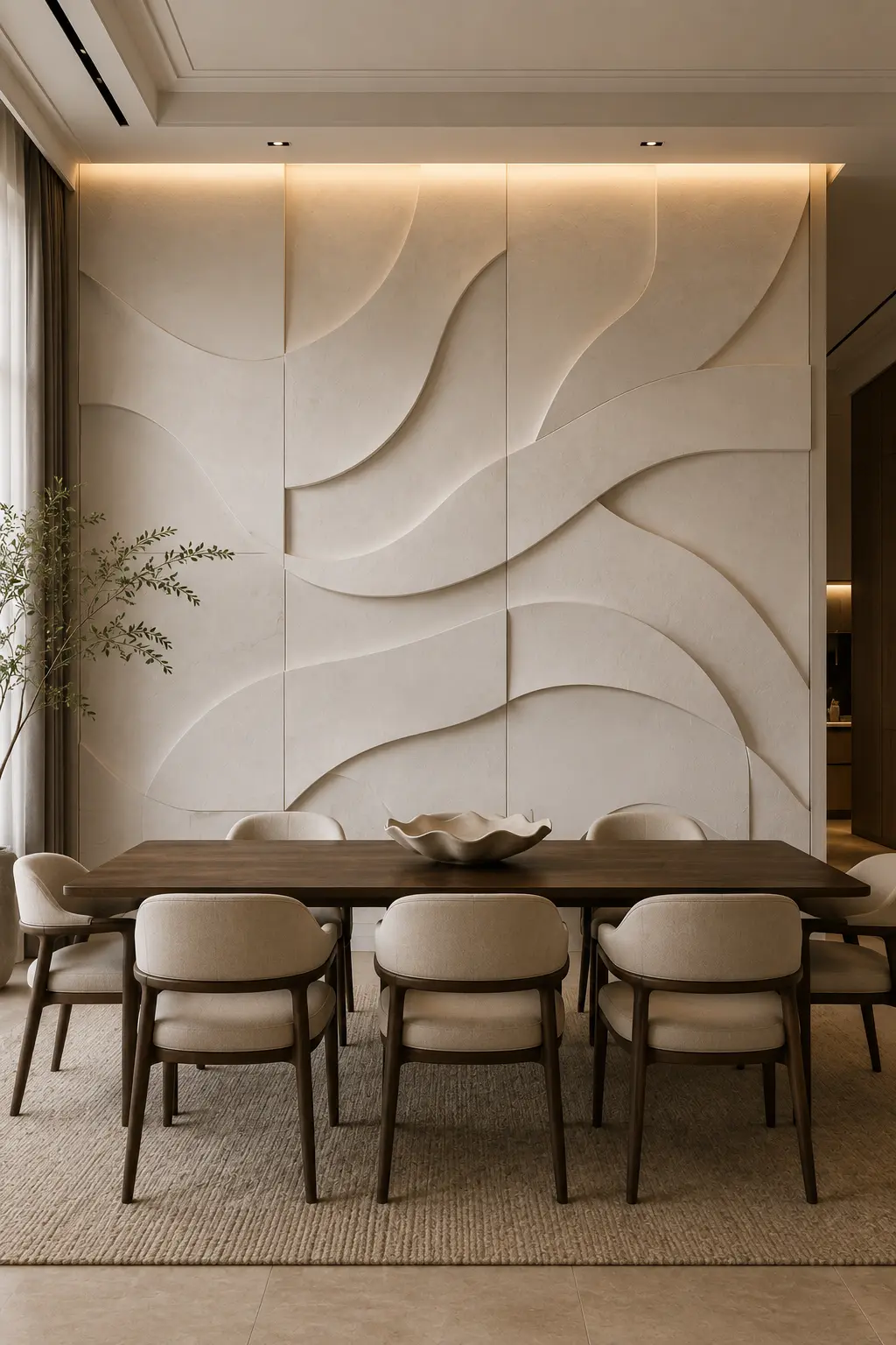 Luxury contemporary dining room featuring large sculptural 3D wall panels with flowing wave patterns, layered curved relief details, and a soft ivory plaster finish, highlighted by warm architectural lighting above a dark wood dining table and neutral chairs.
