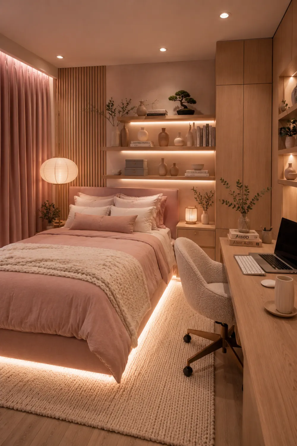 Soft pink Japandi dorm room with natural oak furniture, blush bedding, floating shelves, minimalist décor, warm ambient lighting, boucle chair, woven rug, ceramic vases, cozy study desk, and modern aesthetic dorm room inspiration.