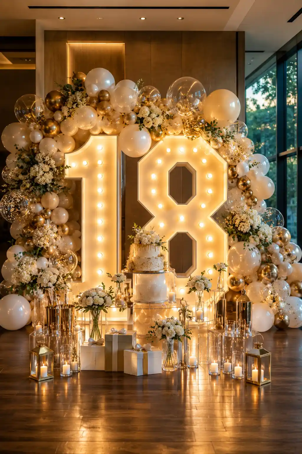 Oversized LED marquee numbers surrounded by organic white and gold balloon garlands, elegant floral arrangements, luxury birthday cake display, candles, acrylic pedestals, gift boxes, and modern milestone birthday decoration ideas for unforgettable celebrations.
