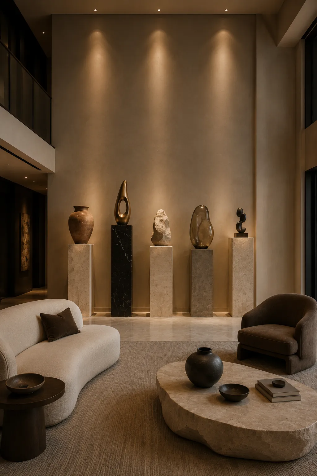 Luxury high ceiling living room featuring a curated collection of tall stone and marble display pedestals at varied heights, decorated with ceramic vessels, bronze abstract sculptures, natural stone objects, art glass pieces, warm gallery spotlights, and modern neutral furniture.