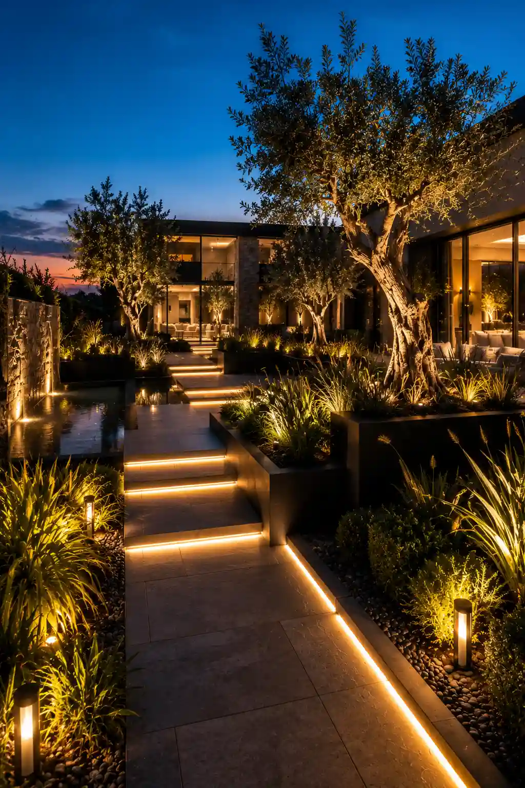 Modern garden lighting design with illuminated pathways, warm LED landscape lighting, architectural uplighting, olive trees, contemporary outdoor living, elegant backyard lighting ideas, premium landscape architecture, illuminated steps, luxury garden design, sophisticated outdoor ambiance, and high end residential landscaping inspiration.