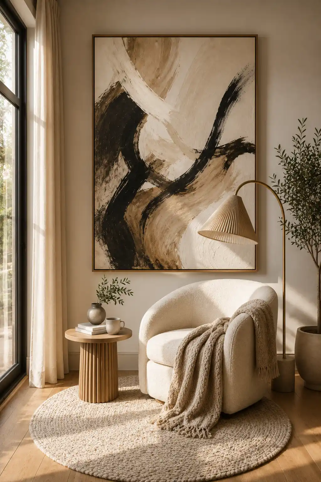 Oversized painted abstract canvas artwork above a cozy boucle accent chair featuring textured beige and black brushstrokes, modern reading nook, round wooden side table, designer floor lamp, knitted throw blanket, indoor greenery, soft natural lighting, and inspiring DIY painted canvas wall art ideas for blank walls.