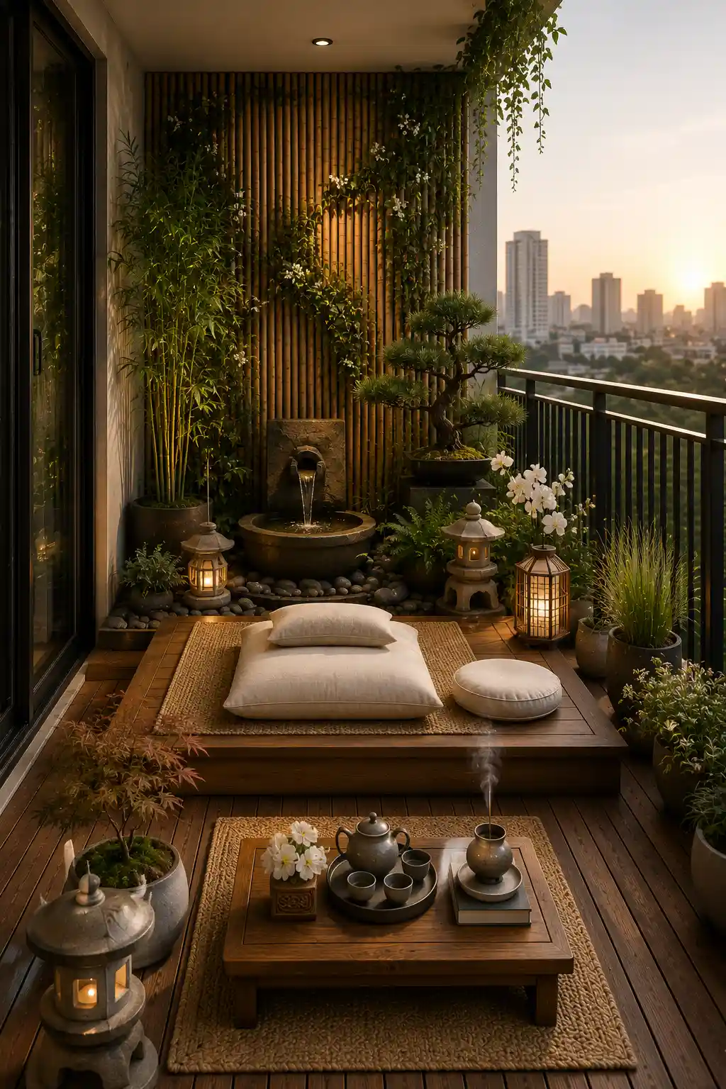 Peaceful Zen inspired small apartment balcony featuring bamboo privacy screens, natural wood platform, floor meditation cushions, bonsai tree, tabletop water fountain, smooth river stones, warm lantern lighting, ornamental grasses, and calming greenery creating a serene outdoor meditation retreat.