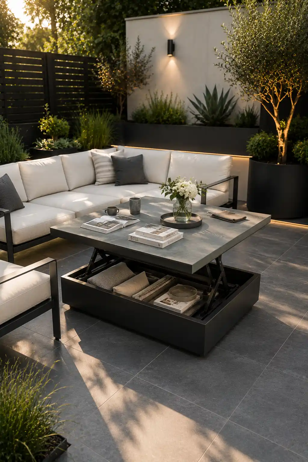 Luxury multifunctional outdoor coffee table with lift top storage beside a modern sectional sofa on a contemporary patio featuring porcelain pavers, architectural planters, decorative styling, hidden storage, and smart outdoor furniture ideas for compact patio living.