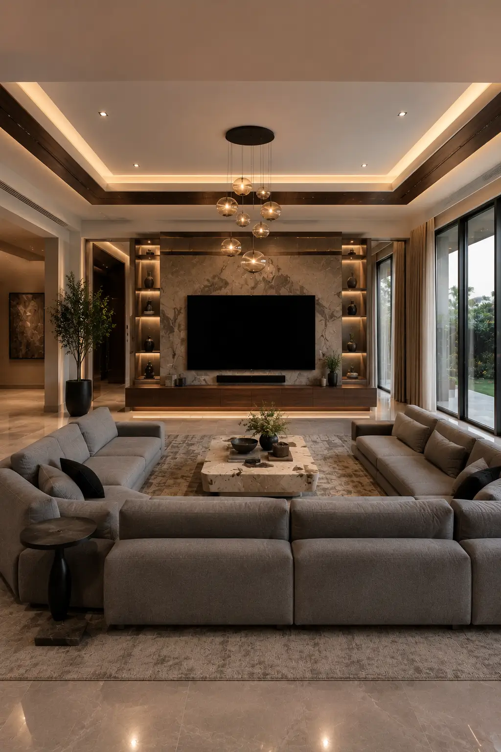 Designer grey couch living room featuring coordinated grey sofas, luxury marble TV feature wall, floating walnut media console, illuminated built in shelving, modern glass globe pendant lights, oversized stone coffee table, floor to ceiling windows, warm layered lighting, contemporary neutral décor, and an elegant high end living room design.