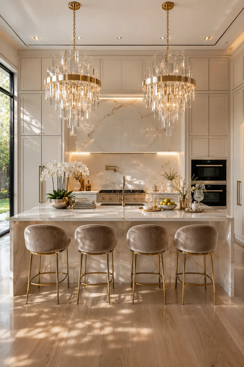 Luxury white kitchen with oversized crystal chandeliers above a marble waterfall kitchen island, cream shaker cabinets, gold hardware, velvet counter stools, marble backsplash, elegant crystal lighting, fresh orchids, premium kitchen island lighting ideas, glamorous luxury kitchen inspiration, designer home interior