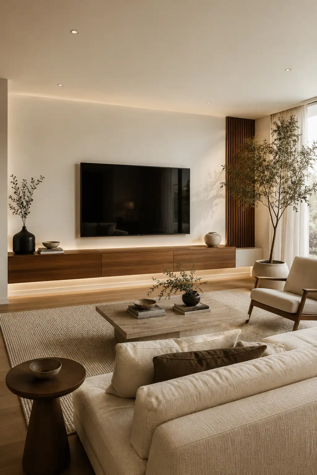 Clean mid century modern media wall featuring floating walnut TV console, concealed LED lighting, minimalist plaster wall, textured neutral rug, cream sofa, walnut lounge chair, decorative ceramics, indoor olive tree, luxury entertainment space, timeless contemporary home design.