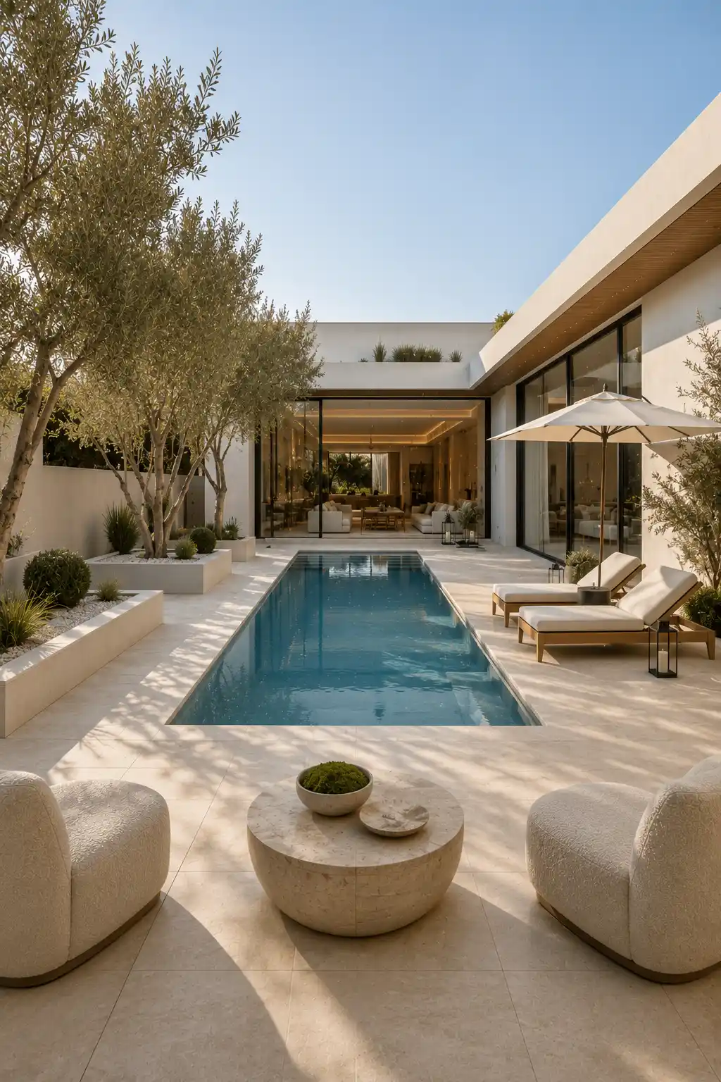 Minimalist luxury backyard courtyard with sleek rectangular swimming pool, cream limestone decking, premium chaise lounge chairs, sculptural outdoor accent chairs, contemporary white home with floor to ceiling glass walls, mature olive trees, minimalist landscaping, elegant outdoor living space, resort style backyard design, sophisticated luxury poolside inspiration.