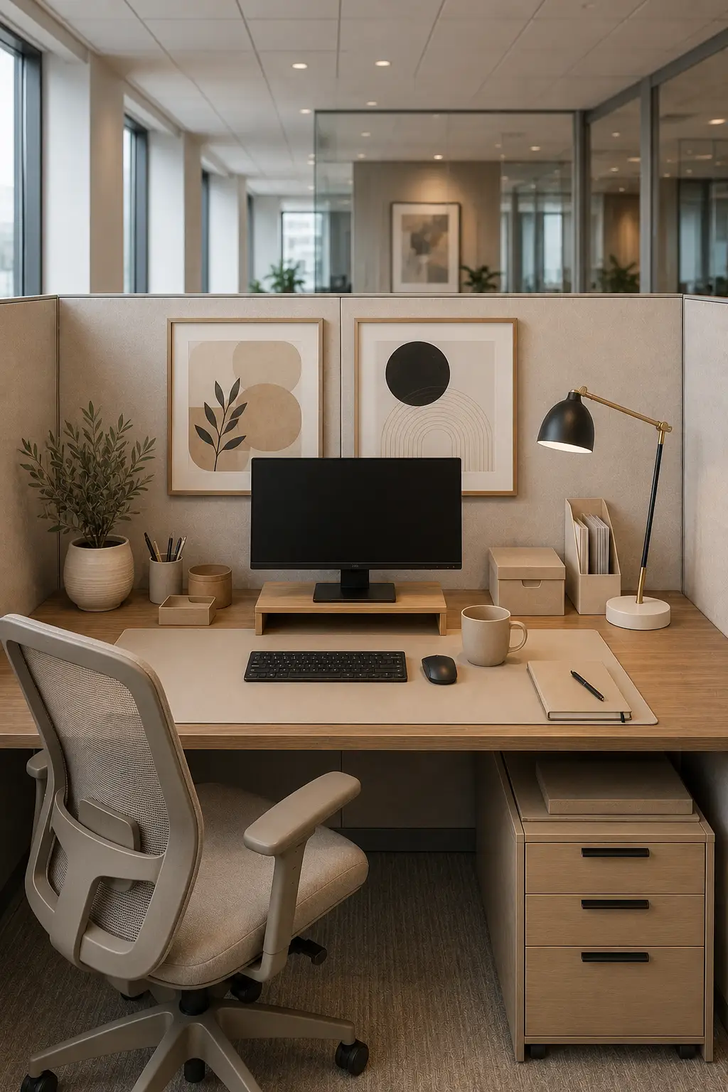Neutral cubicle decor ideas featuring matching office accessories, framed artwork, beige desk mat, modern desk lamp, ceramic decor, indoor plants, light wood office furniture, organized workspace, minimalist office styling, and elegant office design inspiration.