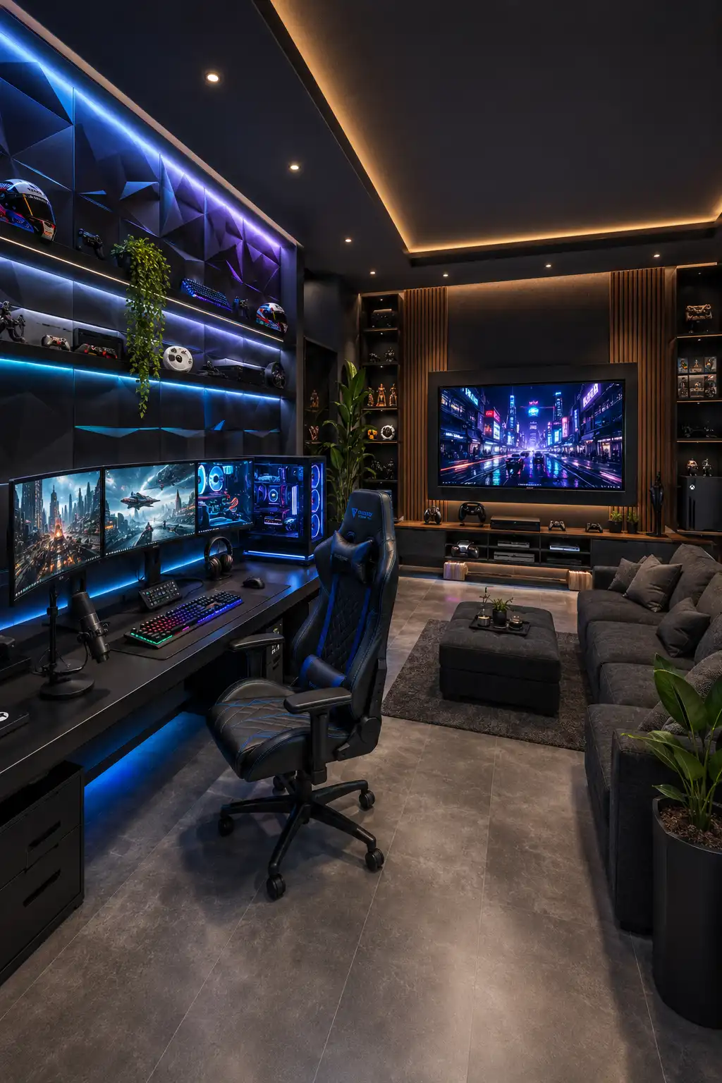 Luxury gaming room featuring triple monitor gaming setup, RGB LED lighting, premium gaming desk, ergonomic gaming chair, wall mounted display shelves, gaming collectibles, large entertainment screen, custom storage cabinets, modern acoustic wall panels, organized cable management, stylish gaming hobby room, luxury game room inspiration, modern entertainment room ideas.