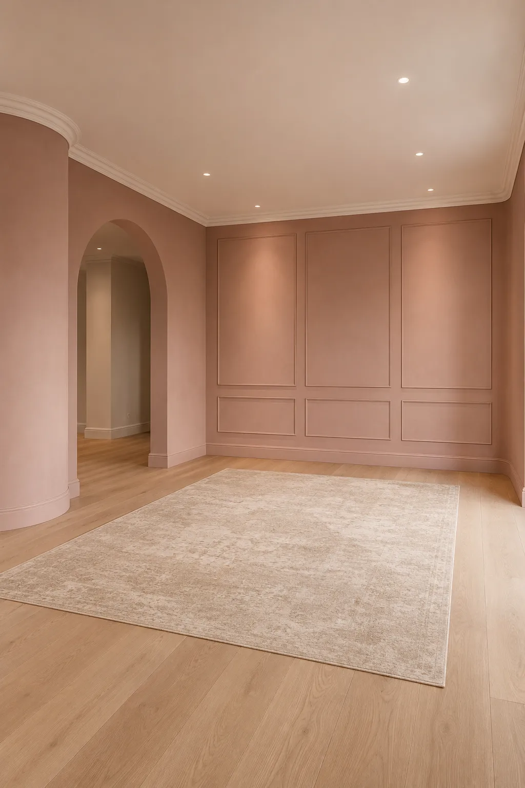 Empty sophisticated living room with dusty blush pink painted walls, subtle clay and beige undertones, decorative wall panel molding, a curved doorway, pale oak flooring, and a large soft neutral patterned rug.