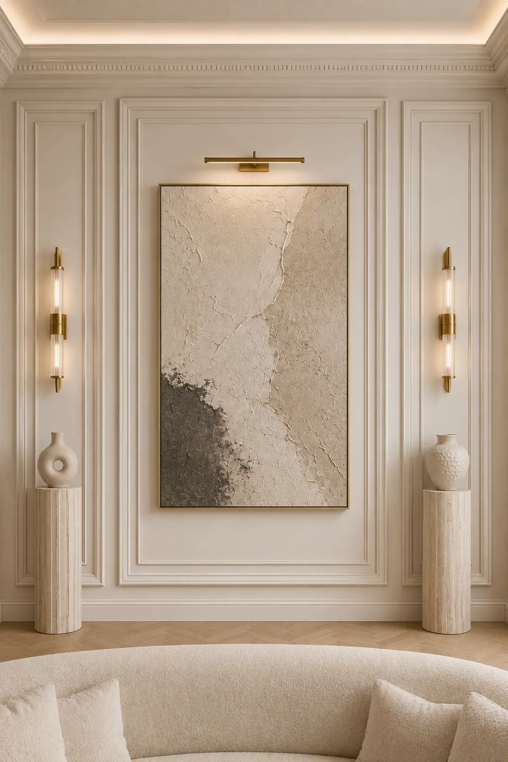 Luxury living room featuring double layer wall molding, detailed architectural trim profiles, oversized framed artwork, brass picture lighting, decorative stone pedestals, neutral custom millwork, and elegant high end feature wall inspiration.