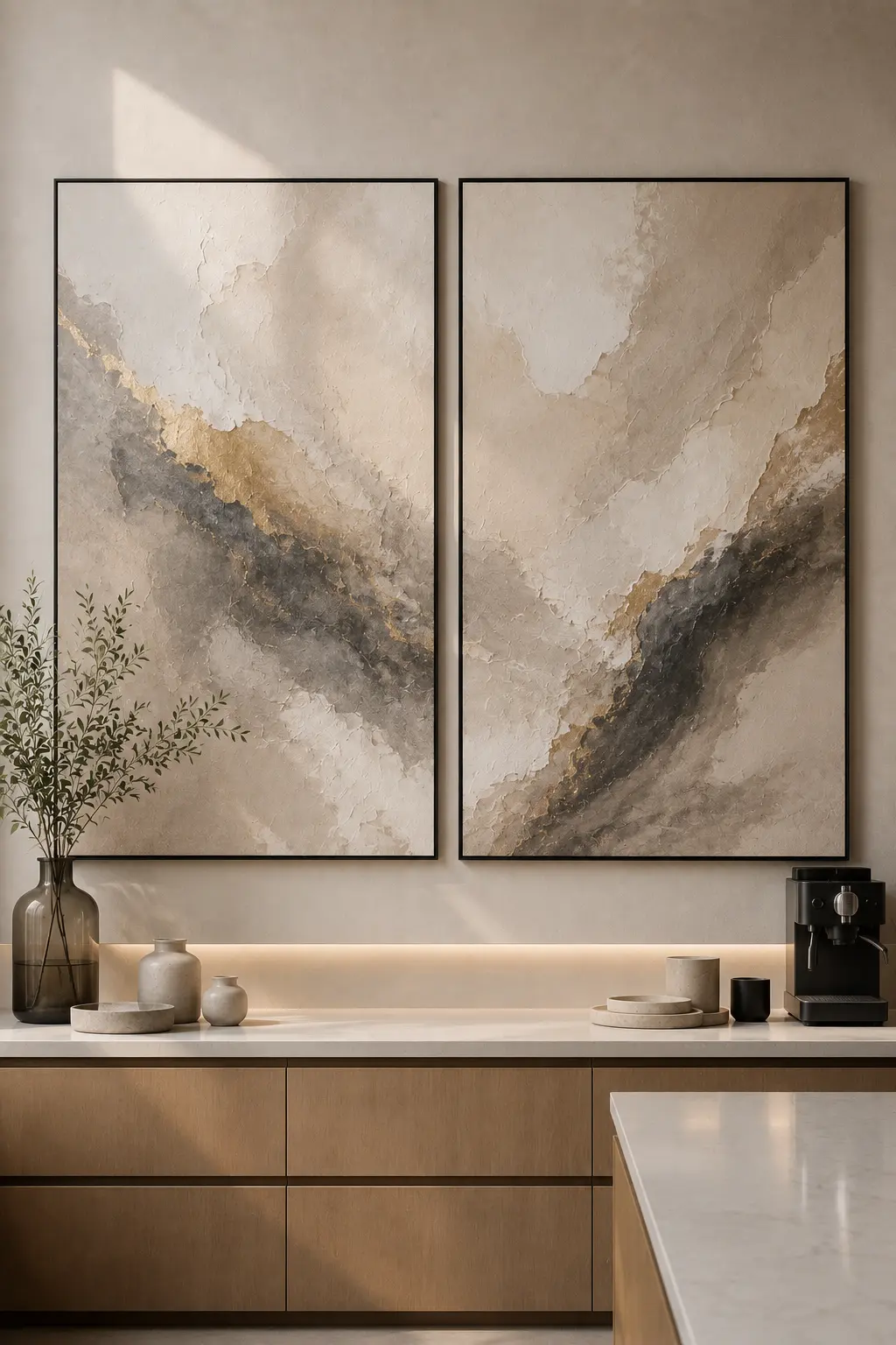 Large diptych abstract canvas wall art featuring textured neutral tones, charcoal accents, and gold details displayed above a modern kitchen countertop with luxury contemporary decor and warm wood cabinetry.