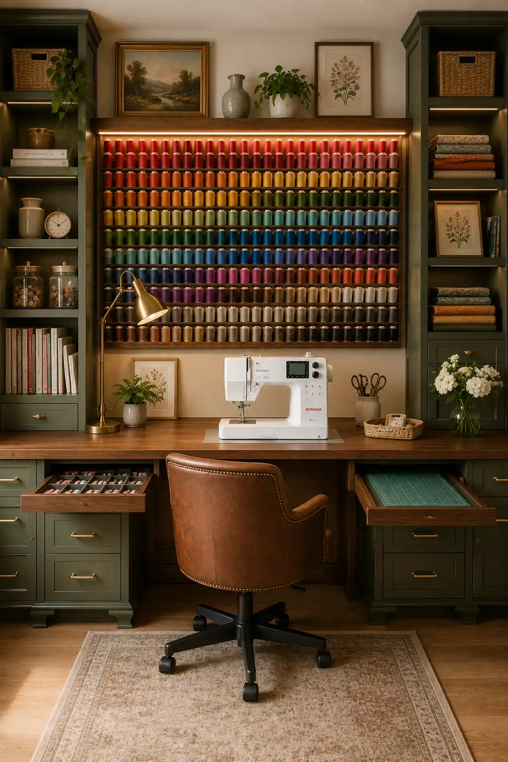 Modern small sewing room featuring a colorful thread display wall, custom olive green cabinetry, walnut sewing desk, organized fabric storage, floating shelves, decorative lighting, and premium sewing room décor ideas for stylish craft spaces.