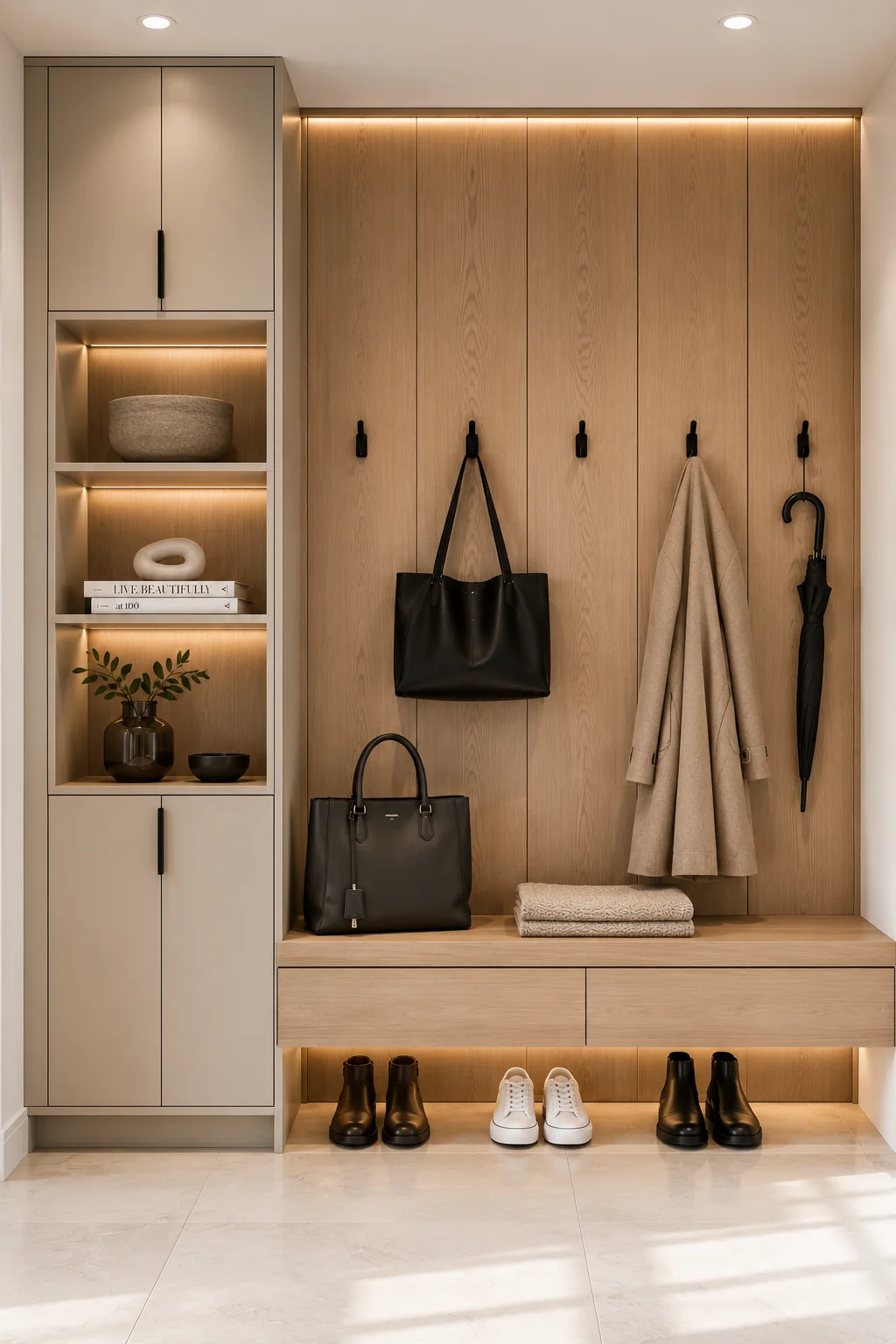 Warm wood IKEA mudroom with integrated display shelving, floating storage bench, wall mounted hooks, umbrella storage, decorative styling, under bench lighting, and modern built in entryway storage for daily essentials.