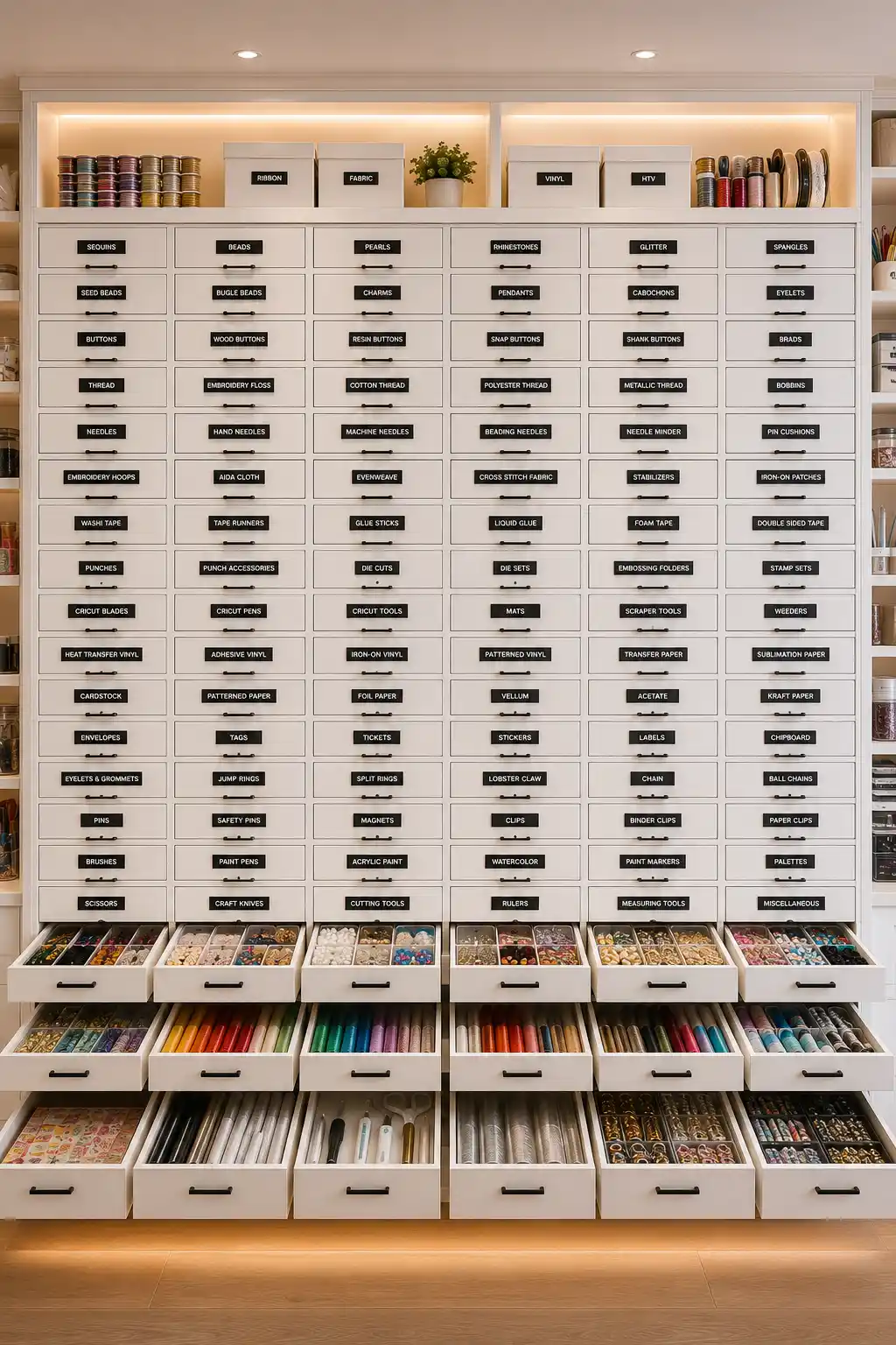 Luxury wall of labeled craft storage drawers organizing beads, buttons, thread, Cricut blades, adhesives, ribbons, embellishments, paper supplies, vinyl tools, pull out trays, and custom drawer storage ideas that make every craft supply easy to organize and quickly find.