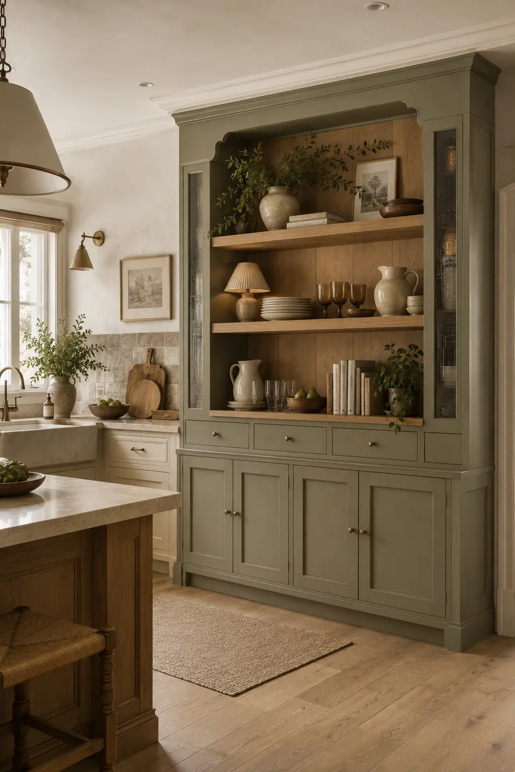 Elegant furniture style kitchen hutch in muted sage green featuring warm wood open shelves, decorative trim, glass side panels, stacked dishes, amber glassware, books, framed art, pottery, table lamp, natural branches, and trailing greenery in a warm traditional modern kitchen.