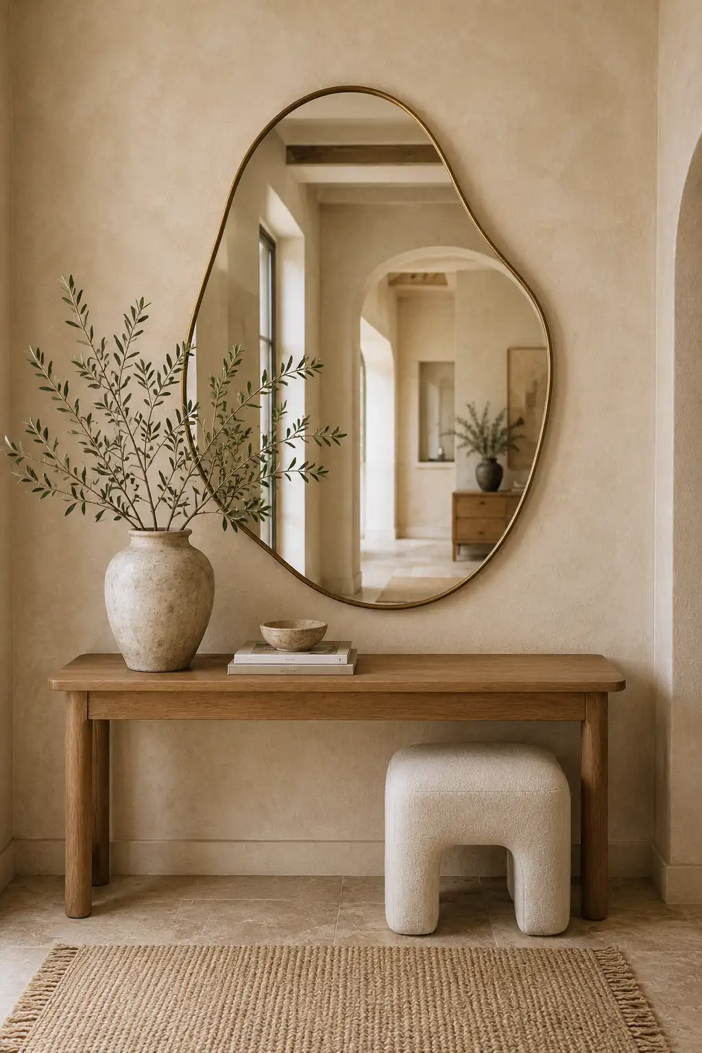 Warm organic modern entryway featuring a large asymmetrical mirror with a slim aged brass frame above a natural wood console table, styled with an oversized ceramic vase, olive branches, stacked books, stone bowl, boucle stool, and textured neutral rug.