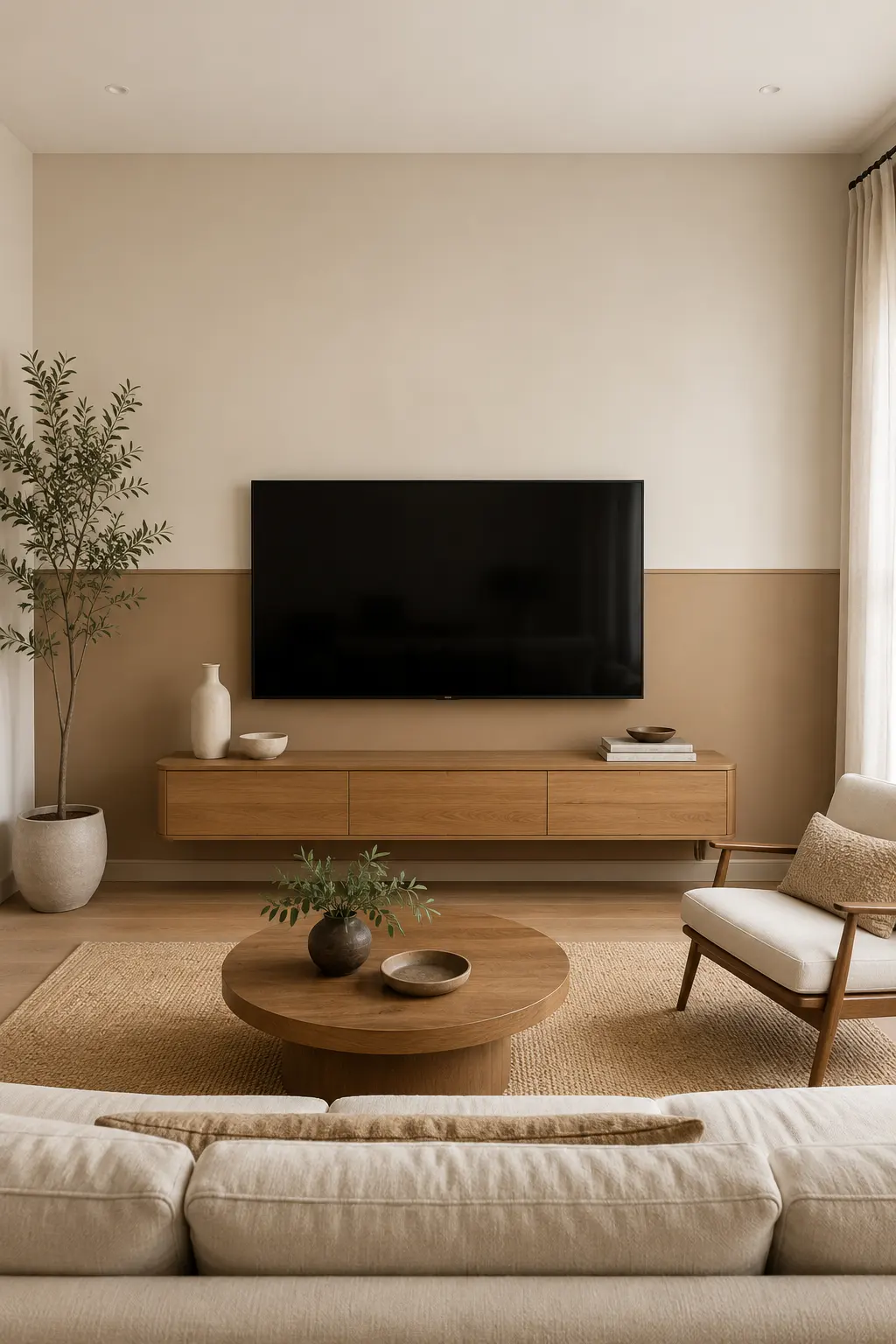 Modern two tone half wall TV design featuring warm cream paint above and earthy taupe paint below, separated by a slim trim detail, with a wall mounted television, floating oak console, neutral sofa, wood coffee table, woven rug, and organic living room styling.