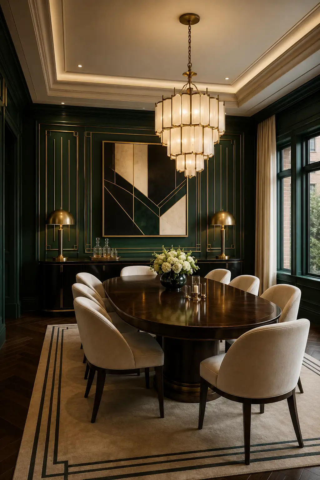 Modern Art Deco dining room featuring a glossy dark oval dining table, curved cream upholstered chairs, deep emerald green paneled walls with slim brass detailing, dramatic tiered glass chandelier, geometric abstract artwork, symmetrical brass table lamps, dark sideboard, and a bordered neutral area rug.