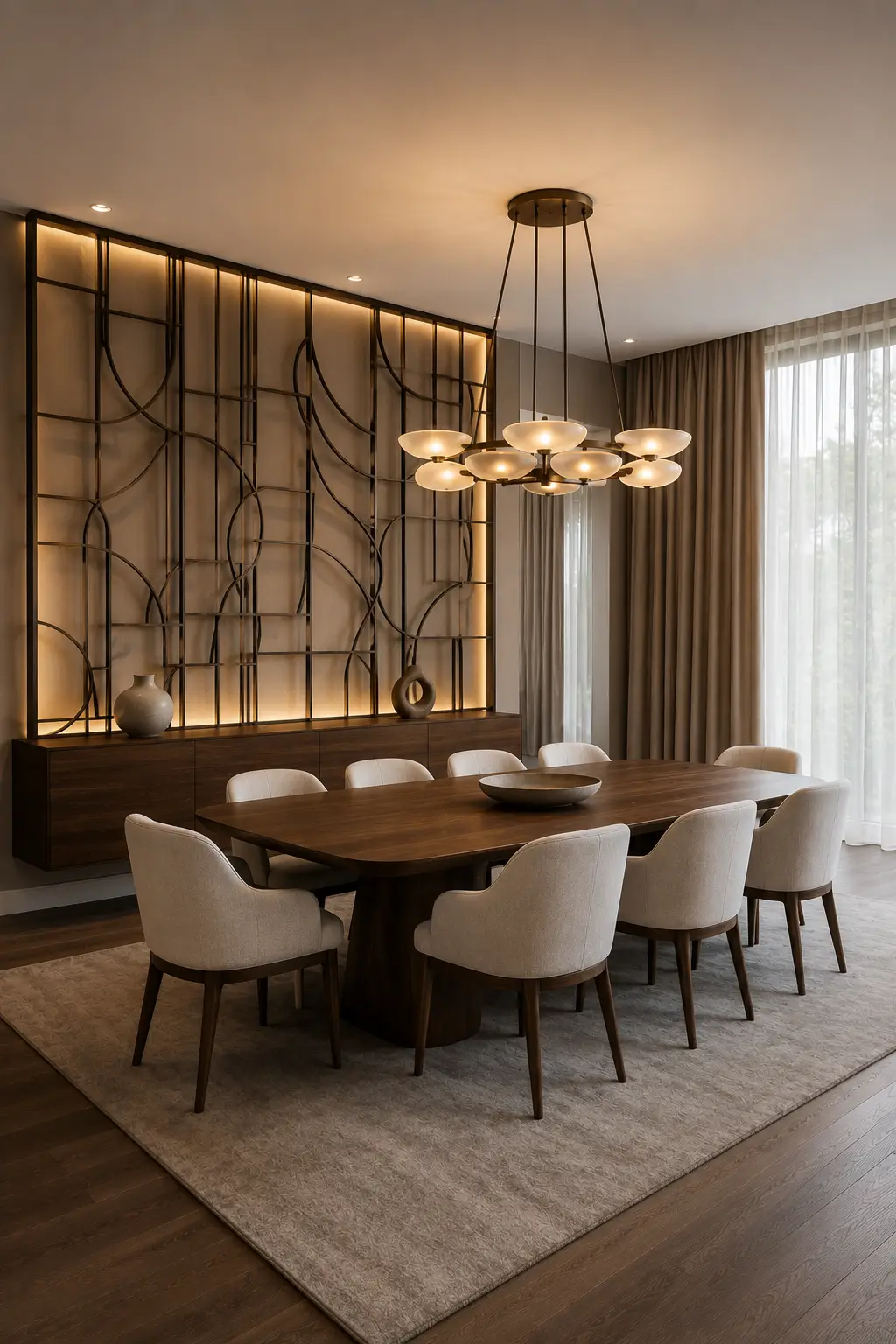 Luxury modern dining room featuring a floor to ceiling decorative metal screen wall with abstract curved lines, warm concealed backlighting, floating walnut sideboard, dark wood dining table, cream upholstered chairs, and elegant statement chandelier.