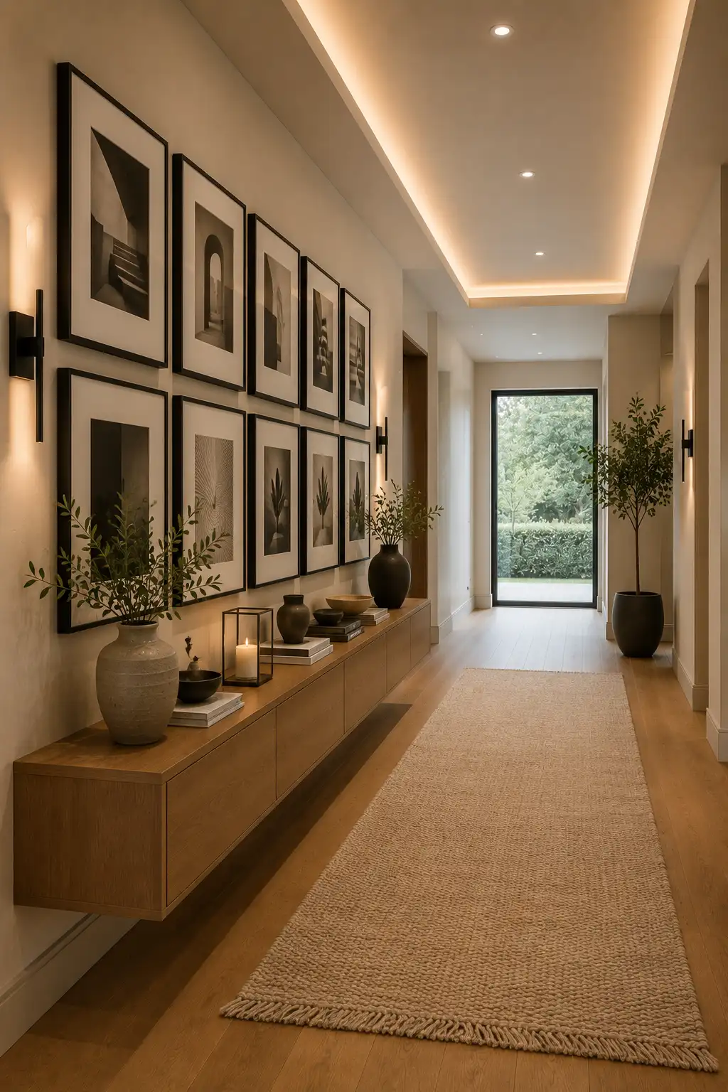 DIY luxury gallery wall featuring matching black picture frames, floating oak console table, ceramic vases, decorative books, candles, indoor plants, textured runner rug, warm lighting, and sophisticated contemporary hallway interior design.