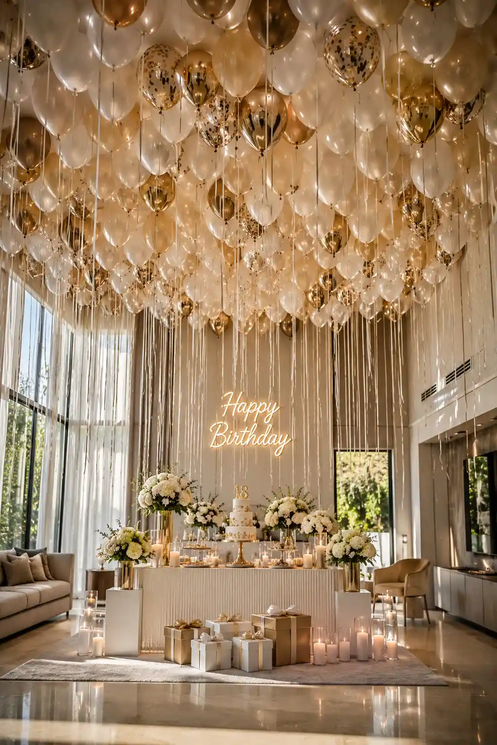 Luxury balloon ceiling birthday decoration with floating white, champagne, metallic gold, and transparent helium balloons, long satin ribbons, elegant cake table, fresh floral arrangements, candles, modern birthday party dΓ©cor, and stunning ceiling decoration for a luxury celebration.